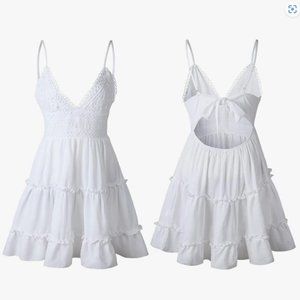 ECOWISH V-Neck Spaghetti Strap Bowknot Backless Sleeveless Lace Mini Swing Skate